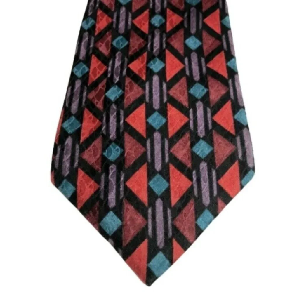 Vtg 80s Bugatti Men Neck Tie 100% Italian Silk Geometric Blue Purple Burgundy